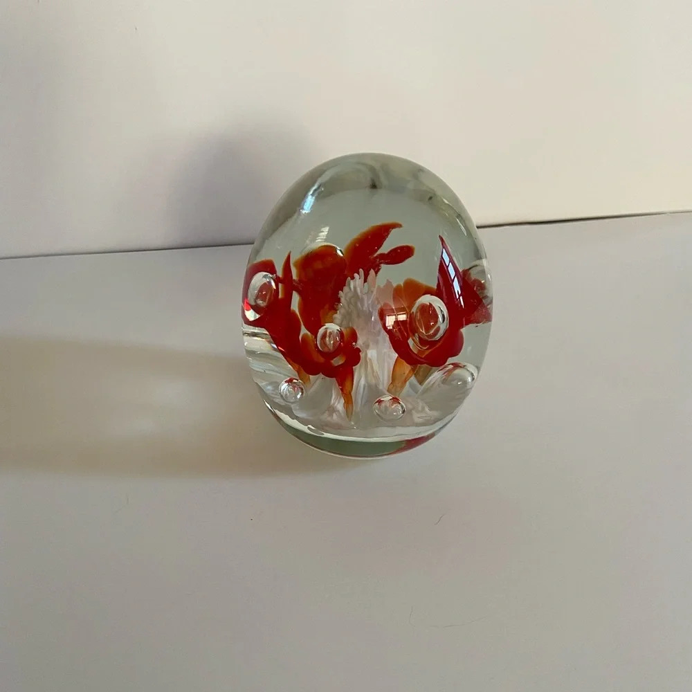 Vintage Joe St. Clair Paperweight Round Globe Decor Flowers Floral Orange Glass